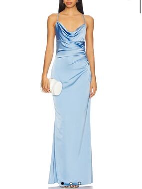 Katie May Ryder Satin Cowl Neck Light French Blue Maxi Dress